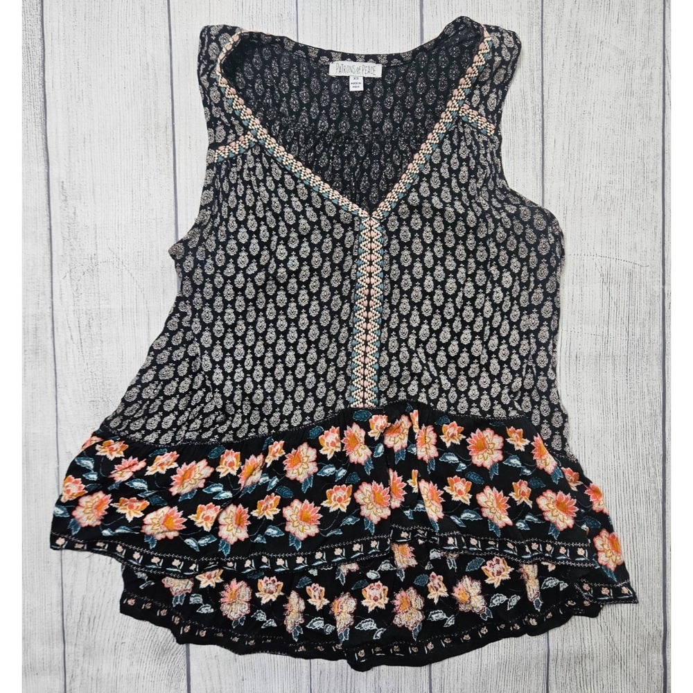 Patrons Of Peace Top Womens XS Black Floral Boho Sleeveless Ruffle Hem Festival